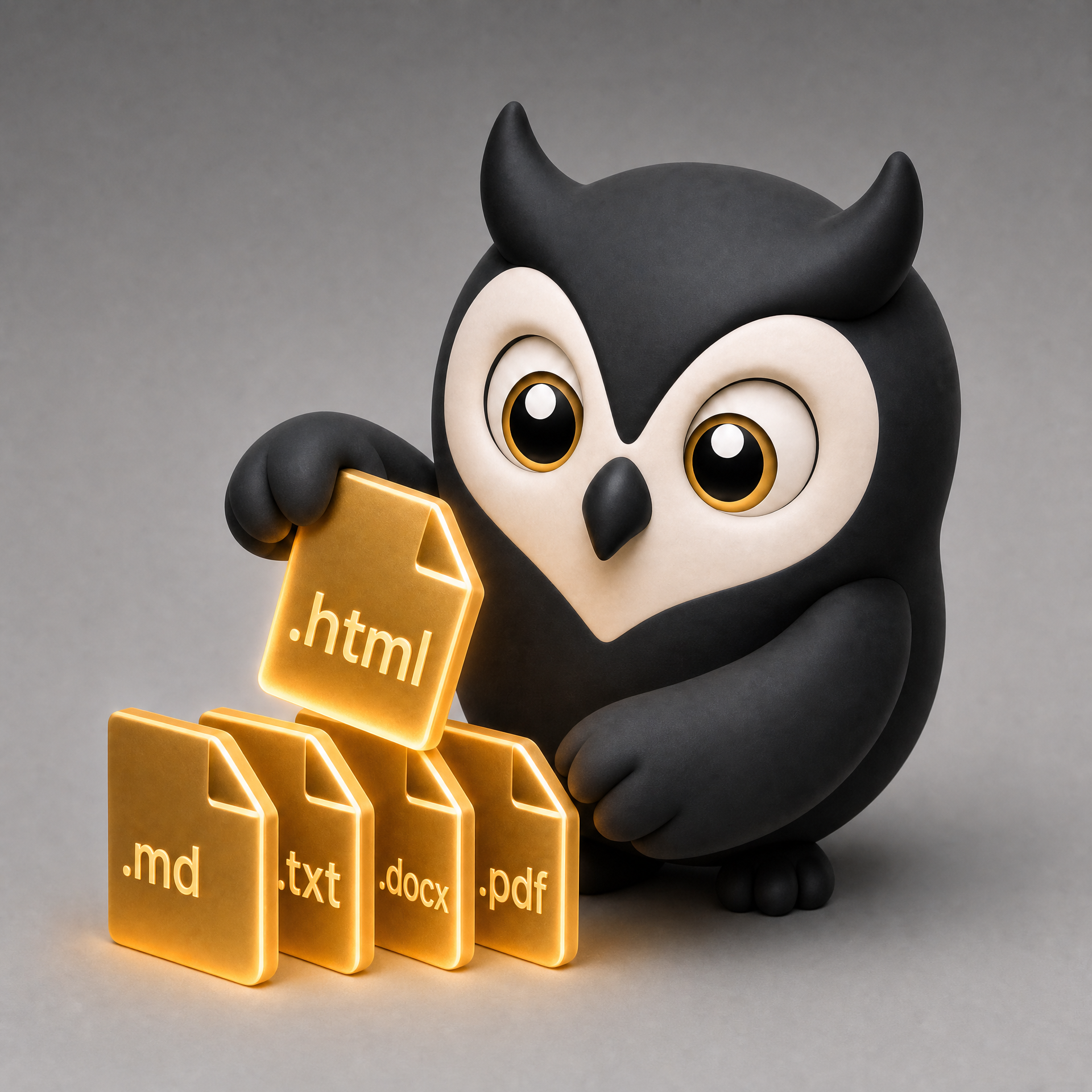 BuboHub owl organizing HTML, Markdown, text, Word, PDF, and JSON files