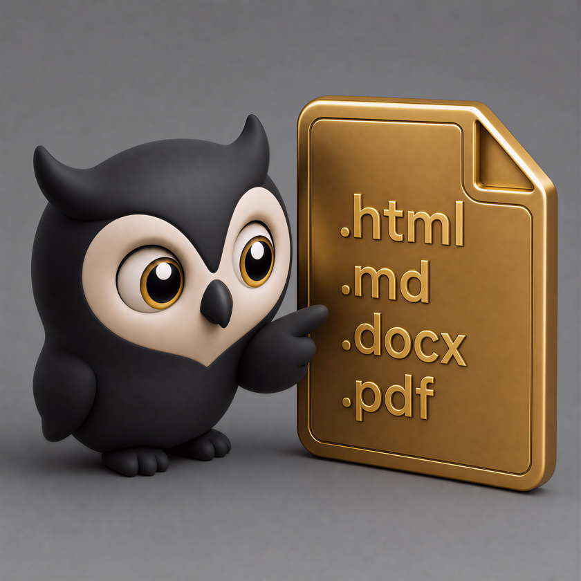 Viby pointing to a gold file token marked HTML, Markdown, Word and PDF.